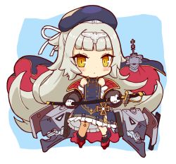 Rule 34 | 1girl, azur lane, bad id, bad pixiv id, bare shoulders, beret, black socks, blue background, blue cape, blue dress, blue hat, blunt bangs, blush, cannon, cape, chibi, closed mouth, commentary, cross, detached sleeves, dress, frilled dress, frills, full body, gloves, grey hair, hat, holding, holding sheath, hydrock, iron cross, long hair, long sleeves, looking at viewer, mole, mole under eye, puffy long sleeves, puffy sleeves, red footwear, ribbon, saber (weapon), sheath, sheathed, sidelocks, sleeveless, sleeveless dress, socks, solo, standing, sword, turret, two-tone background, very long hair, weapon, white background, white gloves, white ribbon, yellow eyes, z46 (azur lane)