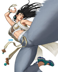 Rule 34 | 1girl, abs, breasts, breikka, capcom, chun-li, cleavage, crop top, earrings, fighting stance, jewelry, kicking, long hair, medium breasts, official alternate costume, official alternate hairstyle, open mouth, shoes, simple background, sleeveless, sneakers, solo, street fighter, street fighter 6, white background