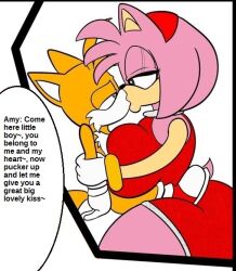 Rule 34 | 1boy, 1girl, amy rose, animated, animated gif, arm grab, blue eyes, breasts, breast press, dominate female, dress, eye to eye, fox boy, furry, furry female, furry male, green eyes, hairband, half-closed eyes, hedgehog girl, hold arms, hugging each other, kiss on lips, large breasts, larger woman, leg lock, lifting person, looking at another, pink fur, pink hair, red dress, shanepr0d, sleeveless, sleeveless dress, smaller boy, sonic (series), squeezing, tail, tails (sonic), third-party edit, yellow fur