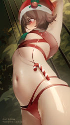 Rule 34 | 1girl, arms up, bikini, bound, bound wrists, breasts, brown hair, candy, candy cane, christmas, food, genshin impact, hat, highres, hu tao (genshin impact), kani fish, navel, red bikini, restrained, santa hat, small breasts, standing, stomach, swimsuit, tree, underboob