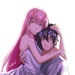 Rule 34 | 10s, 1boy, 1girl, black hair, blue eyes, blue horns, collarbone, couple, darling in the franxx, fringe trim, green eyes, guto strife, hand on another&#039;s back, hand on another&#039;s head, height difference, hetero, hiro (darling in the franxx), horns, hug, long hair, looking at viewer, nightgown, oni horns, pajamas, pink hair, red horns, short hair, signature, topless male, white pajamas, zero two (darling in the franxx)