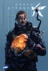 Rule 34 | 1boy, blue background, blue eyes, brown hair, closed mouth, coat, copyright name, death stranding, dirty, dirty face, facial hair, long sleeves, male focus, mustache, na (oagenosuke), norman reedus, ponytail, rainbow, sam porter bridges, sanpaku, short ponytail, solo, standing