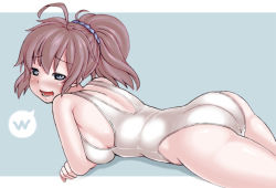 Rule 34 | 10s, 1girl, aoba (kancolle), ass, breasts, grey eyes, kantai collection, kurogane daichi, looking at viewer, lying, on stomach, one-piece swimsuit, open mouth, pink hair, ponytail, solo, swimsuit, white one-piece swimsuit
