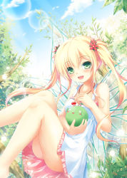 Rule 34 | 1girl, bad id, bad pixiv id, blonde hair, cherry, day, dress, food, fruit, green eyes, highres, insect wings, legs, long hair, original, sky, smile, solo, tiphereth, twintails, wings