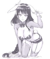 Rule 34 | 1girl, all fours, alternate costume, animal ears, blunt bangs, braid, breasts, bridal gauntlets, cleavage, commentary, fake animal ears, garter straps, genshin impact, greyscale, hair ornament, highres, long hair, meme attire, mole, mole under eye, monochrome, parted lips, rabbit ears, rabbit tail, raiden shogun, reverse bunnysuit, reverse outfit, sbs, short shorts, shorts, simple background, single braid, solo, tail, thighhighs