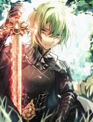 Rule 34 | 1boy, backlighting, bad id, bad pixiv id, black gloves, blurry, blurry foreground, byleth (fire emblem), byleth (male) (fire emblem), closed mouth, day, fire emblem, fire emblem: three houses, gloves, green eyes, green hair, hair between eyes, hair intakes, heroes relic (fire emblem), highres, holding, holding sword, holding weapon, looking at viewer, male focus, nintendo, outdoors, sitting, solo, sword, sword of the creator, tida 2112, weapon