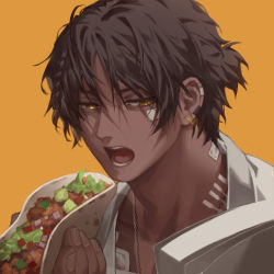 Rule 34 | 1boy, arknights, bandaid, bandaid on cheek, bandaid on face, black hair, commentary, dark-skinned male, dark skin, earclip, eating, english commentary, food, hair between eyes, highres, holding, holding food, jacket, jewelry, male focus, manjyufroth, necklace, open mouth, orange background, ponytail, portrait, short ponytail, simple background, solo, taco, thorns (arknights), yellow eyes