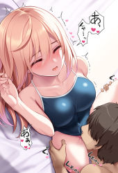 Rule 34 | 1boy, 1girl, ^^^, bare arms, bare shoulders, blonde hair, blue one-piece swimsuit, blush, breasts, brown hair, cleavage, closed eyes, clothing aside, collarbone, covered navel, cunnilingus, facing viewer, hair between eyes, hand up, head between thighs, heart, hetero, highres, huyumitsu, large breasts, leg grab, leg up, long hair, lying, mole, mole under eye, on side, one-piece swimsuit, open mouth, oral, original, paid reward available, parted lips, pussy juice, spoken heart, swimsuit, swimsuit aside, thighs, translation request, trembling