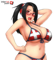 Rule 34 | + +, 1girl, arm behind head, bikini, black hair, blush, breasts, cleavage, curvy, erkaz, female focus, glasses, hand on own hip, headphones, internet positif, ipo-chan, large breasts, long hair, looking at viewer, navel, open mouth, red-framed eyewear, red eyes, side ponytail, simple background, solo, standing, swimsuit, swiss flag, white background, wide hips