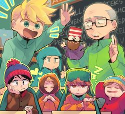 Rule 34 | 6+boys, = =, arm up, bald, beanie, black hair, blonde hair, blue eyes, brown eyes, brown hair, butters stotch, cellphone, chalkboard, coat, craig tucker, drooling, eric cartman, glasses, grey hair, hand puppet, hat, head rest, herbert garrison, hood, index finger raised, kenny mccormick, kyle broflovski, male focus, middle finger, mr. hat (south park), multiple boys, own hands clasped, own hands together, phone, puppet, sleeping, smartphone, south park, stan marsh, tsunoji, winter clothes, winter coat, zzz