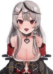 Rule 34 | 1girl, @ @, absurdres, belt, black hair, braid, breasts, caution tape, cleavage, collar, fang, frills, grey hair, hair ornament, heart, heart hair ornament, heart necklace, highres, hololive, jewelry, large breasts, long hair, looking at viewer, multicolored hair, necklace, open mouth, orutana1029, red eyes, sakamata chloe, solo, spaghetti strap, streaked hair, sweat, triangle mouth, virtual youtuber, white background, x hair ornament