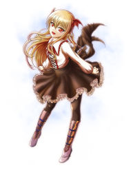 Rule 34 | 10s, 1girl, :d, blonde hair, boots, collar, collared shirt, fang, frilled collar, frilled shirt collar, frilled skirt, frills, granblue fantasy, long hair, open mouth, pantyhose, petticoat, pointy ears, red eyes, shingeki no bahamut, shirt, skirt, smile, solo, toshi xion, vampy