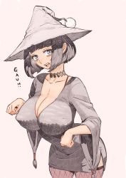 Rule 34 | 1girl, black choker, black thighhighs, blue eyes, blunt bangs, bob cut, breasts, choker, cleavage, collarbone, commentary request, covered erect nipples, cowboy shot, dress, fishnet thighhighs, fishnets, hat, highres, huge breasts, leaning forward, long sleeves, looking at viewer, nishi yoshiyuki, open mouth, original, plunging neckline, short dress, short hair, simple background, solo, spaghetti strap, standing, teeth, thighhighs, upper teeth only, v-neck, white background, wide sleeves, witch hat