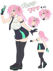 Rule 34 | 1girl, absurdres, armband, blush, breast pocket, breasts, commentary request, full body, gloves, green hair, hair over one eye, highres, large breasts, looking at viewer, miniskirt, multiple views, necktie, no humans, open mouth, original, pink hair, plumeriafran, pocket, simple background, skirt, smile, standing, teeth, thighhighs, tongue, v, white background