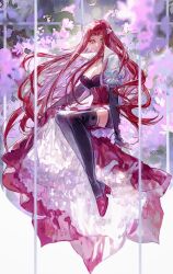 Rule 34 | 1girl, absurdres, black thighhighs, blurry, blurry foreground, breasts, dress, high heels, highres, izayoi aki, large breasts, long dress, long hair, naoki (2rzmcaizerails6), petals, red dress, red eyes, red hair, sitting, solo, thighhighs, yu-gi-oh!, yu-gi-oh! 5d&#039;s