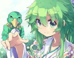 Rule 34 | 1girl, bird, blush, closed mouth, collarbone, commentary request, duel monster, floral print, green eyes, green hair, gusto gulldo, hair between eyes, hand up, japanese clothes, kimono, long hair, long sleeves, looking at viewer, normaland, portrait, print kimono, sidelocks, smile, traditional clothes, winda (yu-gi-oh!), winda priestess of gusto, yellow eyes, yu-gi-oh!