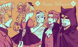 Rule 34 | 1girl, 4boys, ace attorney, alternate hairstyle, amemomism, animal hood, ascot, bandaged chest, bandaged head, bandages, barok van zieks, bow, candy, cape, cat hood, closed eyes, closed mouth, dress, facing another, food, halloween costume, hand up, happy halloween, hat, holding, holding candy, holding food, holding lollipop, hood, hood up, iris wilson, jack-o&#039;-lantern, jacket, limited palette, lollipop, long hair, mael stronghart, masked apprentice (ace attorney), multiple boys, mummy costume, open mouth, orange background, puffy short sleeves, puffy sleeves, ryunosuke naruhodo, shirt, short hair, short sleeves, smile, stitched face, stitches, the great ace attorney, the great ace attorney 2: resolve, upper body, vest