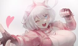 Rule 34 | 1girl, althea jade, blue eyes, blush, bracelet, collar, elphelt valentine, guilty gear, guilty gear strive, hairband, jacket, jewelry, looking at viewer, one eye closed, open mouth, pink jacket, short hair, smile, spiked bracelet, spiked collar, spiked hairband, spikes, white hair