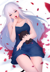 Rule 34 | 1girl, absurdres, bare arms, bare shoulders, black hair, blue dress, blue eyes, breasts, character doll, collarbone, hugging doll, dress, grey hair, hand up, highres, holding, horns, long hair, looking at viewer, lying, medium breasts, hugging object, on back, original, petals, red horns, rose petals, shimmer, solo, tail, thigh gap