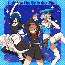 Rule 34 | 3boys, alternate costume, alternate hairstyle, amada ken, apron, arms up, black thighhighs, blue hair, blurry, blurry background, boots, bow, bowtie, brown hair, closed eyes, cropped jacket, crossdressing, dancing, dated, elm, elmila, english text, enmaided, gekkoukan high school uniform, gloves, grey hair, hairband, maid, maid apron, maid headdress, male focus, male maid, multiple boys, outside border, persona, persona 3, persona 3: dancing moon night, persona dancing, red bow, red bowtie, red hairband, sanada akihiko, school uniform, serious, short hair, skirt, sparkle, standing, standing on one leg, star (symbol), thigh boots, thighhighs, white gloves, yuuki makoto (persona 3)