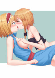 Rule 34 | 2girls, alice margatroid, alternate costume, alternate hair length, alternate hairstyle, black shirt, blonde hair, blue background, blue dress, blue eyes, blush, braid, breasts, capelet, cleavage, collarbone, crop top, dress, du mogu, eye contact, french kiss, hair ribbon, hairband, half-closed eyes, hand on breast, head tilt, hip focus, kirisame marisa, kiss, looking at another, looking at viewer, lying, medium breasts, multiple girls, navel, nose blush, on back, open clothes, open dress, open mouth, profile, ribbon, saliva, shirt, short hair, shorts, unworn shorts, single braid, sitting, small breasts, stomach, strap slip, tank top, touhou, tress ribbon, two-tone background, white background, yellow eyes, yuri