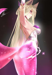 Rule 34 | 1girl, ahri (league of legends), alilu-chan, alternate costume, alternate hair color, animal ears, armpits, arms up, ass, blonde hair, breasts, fox ears, fox tail, large breasts, league of legends, long hair, looking at viewer, magical girl, purple eyes, smile, solo, standing, star guardian (league of legends), star guardian ahri, tail