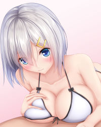 Rule 34 | 10s, 1boy, 1girl, bare arms, bare shoulders, bikini, black bow, blue eyes, blush, bow, breasts, closed mouth, collarbone, girl on top, hair ornament, hairclip, hamakaze (kancolle), hand on breast, hand on own chest, hetero, kantai collection, large breasts, lying, on stomach, pink background, short hair, silver hair, simple background, smile, solo focus, swimsuit, tapisuke, white bikini