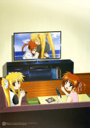 Rule 34 | 2girls, absurdres, blonde hair, blue eyes, brown hair, casual, drink, fate testarossa, highres, looking back, lyrical nanoha, mahou shoujo lyrical nanoha, mahou shoujo lyrical nanoha a&#039;s, mahou shoujo lyrical nanoha the movie 2nd a&#039;s, multiple girls, non-web source, official art, okuda yasuhiro, open mouth, pointing, red eyes, short twintails, takamachi nanoha, television, twintails