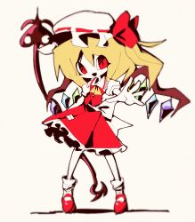 Rule 34 | 1girl, absurdres, atoymk, blonde hair, chinese commentary, colored skin, commentary request, fang, flandre scarlet, flat chest, frilled shirt collar, frilled skirt, frills, full body, hat, hat ribbon, highres, looking at viewer, mary janes, mob cap, no nose, one side up, open mouth, puffy short sleeves, puffy sleeves, reaching, reaching towards viewer, red eyes, red footwear, red ribbon, red skirt, red vest, ribbon, shirt, shoes, short sleeves, skin fang, skirt, smile, socks, solo, touhou, vest, white hat, white shirt, white skin, white socks, wings