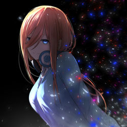 Rule 34 | 1girl, bad id, bad pixiv id, black background, blue cardigan, blue eyes, breasts, cardigan, closed mouth, cosmicsnic, from side, go-toubun no hanayome, hair over one eye, headphones, headphones around neck, highres, large breasts, leaning forward, long hair, long sleeves, looking at viewer, looking to the side, motion blur, nakano miku, red hair, simple background, smile, solo, sparkle, upper body