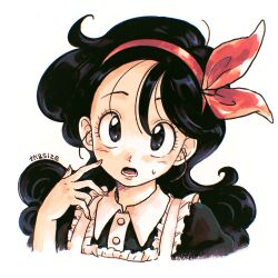 Rule 34 | 1girl, apron, artist name, black eyes, black hair, commentary, cropped shoulders, curly hair, dragon ball, fingernails, frilled apron, frills, hair ribbon, hairband, hand up, highres, long hair, looking at viewer, lunch (dragon ball), lunch (good) (dragon ball), maid apron, open mouth, red hairband, red ribbon, ribbon, simple background, solo, swept bangs, tkgsize, white background, worried