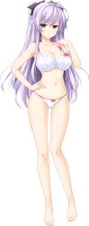 Rule 34 | 1girl, atelier kaguya, barefoot, bow, bow bra, bow panties, bra, breasts, choco chip, covered erect nipples, ero zemi, full body, game cg, gluteal fold, green eyes, hair bow, hair ornament, hairclip, hand on own hip, highres, large breasts, light purple hair, long hair, looking at viewer, navel, panties, sagisawa karen, solo, spaghetti strap, tachi-e, transparent background, underwear, underwear only, white panties