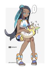 Rule 34 | 1girl, bare arms, bare shoulders, black hair, blue eyes, blue hair, creatures (company), crop top, dark-skinned female, dark skin, dog, earrings, full body, game freak, gen 8 pokemon, gym leader, half-closed eyes, hoop earrings, jewelry, kumo suzume, long hair, lying, multicolored hair, necklace, nessa (pokemon), nintendo, on back, parted lips, petting, pokemon, pokemon (creature), pokemon swsh, sandals, short shorts, shorts, sitting, tongue, tongue out, translation request, twitter username, two-tone background, two-tone hair, very long hair, white background, white footwear, yamper