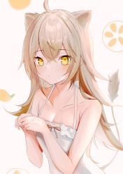 Rule 34 | 1girl, absurdres, ahoge, animal ears, bare arms, blonde hair, breasts, cleavage, collarbone, crossed bangs, dress, frilled dress, frills, highres, indie virtual youtuber, light blush, lion ears, long hair, looking at viewer, maru ccy, rurudo lion, rurudo lion (1st costume), sidelocks, simple background, sleeveless, small breasts, solo, sundress, upper body, virtual youtuber, white background, white dress, yellow eyes