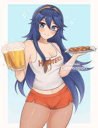 1girl alternate_costume beer_mug blue_eyes blue_hair blush breasts brown_pantyhose chicken_(food) cleavage closed_mouth commission cup fire_emblem fire_emblem_awakening food highres holding holding_cup holding_tray hooters long_hair looking_at_viewer lucina_(fire_emblem) medium_breasts mismatched_pupils mug nintendo orange_shorts pantyhose purrlucii short_shorts shorts smile solo symbol-shaped_pupils tank_top tiara tray very_long_hair waitress white_tank_top