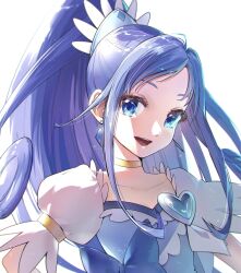 Rule 34 | 1girl, blue bow, blue eyes, blue hair, bow, brooch, choker, collarbone, crystal earrings, cure diamond, dokidoki! precure, earrings, hair ornament, heart, heart brooch, high ponytail, highres, hishikawa rikka, jewelry, long hair, magical girl, open mouth, precure, puffy sleeves, puri1028puri, smile, solo, upper body, waist bow, white background, wide ponytail, yellow choker