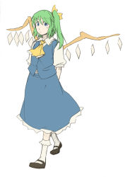 Rule 34 | 1girl, arms behind back, bad id, bad pixiv id, black footwear, blouse, blue eyes, blue skirt, bobby socks, collared shirt, daiyousei, embodiment of scarlet devil, female focus, flandre scarlet, full body, green hair, hair between eyes, if they mated, looking at viewer, mary janes, ponytail, puffy short sleeves, puffy sleeves, shirt, shoes, short sleeves, side ponytail, simple background, skirt, socks, solo, standing, torinone, touhou, vest, walking, white background, white shirt, white socks, wings