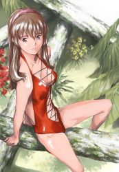 Rule 34 | 1girl, arm support, bare shoulders, blue eyes, brown hair, casual one-piece swimsuit, collarbone, dead or alive, hitomi (doa), lips, one-piece swimsuit, smile, solo, swimsuit, tecmo, tree