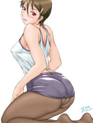 Rule 34 | 1girl, ass, bad id, bad pixiv id, blush, breasts, clothes lift, covered erect nipples, jpeg artifacts, miniskirt, naughty face, original, panties, panties under pantyhose, pantyhose, pantylines, pantyshot, pencil skirt, red eyes, short hair, simple background, skirt, skirt lift, solo, t-na/oc-risky, tank top, underwear, upskirt