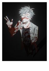 Rule 34 | 1boy, absurdres, black pants, black shirt, blood, blood on clothes, blood on face, blood on hands, blue eyes, chinese commentary, collarbone, commentary request, grin, hand up, highres, kanou aogu, kaxiuyuan, lab coat, long sleeves, open clothes, other focus, pants, polaroid, saibou shinkyoku, shirt, short hair, smile, solo, white hair