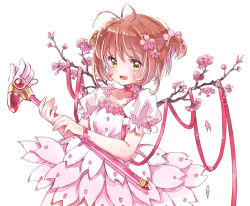 Rule 34 | 1990s (style), 1girl, :d, ahoge, branch, brown hair, cardcaptor sakura, cherry blossoms, flower, flower on head, fuuin no tsue, green eyes, hair flower, hair ornament, holding, kinomoto sakura, mielang, open mouth, petals, retro artstyle, ribbon, simple background, smile, solo, staff, twintails, two side up, white background