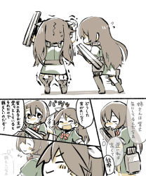 Rule 34 | 10s, 2girls, :d, ^ ^, aircraft catapult, anger vein, asymmetrical legwear, bow, bowtie, brown eyes, brown hair, chikuma (kancolle), closed eyes, comic, closed eyes, gloves, kantai collection, konno akikaze, long hair, multiple girls, open mouth, smile, tone (kancolle), torihamu, translation request, twintails, uneven legwear