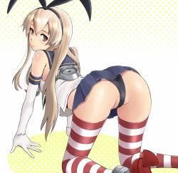 Rule 34 | 10s, 1girl, all fours, animal ears, ass, bad id, bad pixiv id, black panties, blonde hair, blouse, fake animal ears, female focus, from behind, hair between eyes, kantai collection, long hair, looking back, miniskirt, panties, rabbit ears, shimakaze (kancolle), shirt, shuuji (shumi), skirt, sleeveless, sleeveless shirt, solo, striped clothes, striped thighhighs, thighhighs, underwear, very long hair, white background, white shirt, yellow background