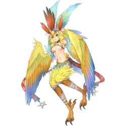 Rule 34 | 1girl, armlet, artist request, bare shoulders, bird legs, bird tail, blue eyes, blue feathers, breasts, clover theater, feathered wings, feathers, green feathers, harpy, headdress, lena (clover theater), medium breasts, monster girl, multicolored wings, navel, official art, open mouth, pentagram, red feathers, revealing clothes, solo, tail, talons, transparent background, winged arms, wings, yellow feathers, yellow pupils