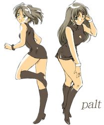 Rule 34 | 2girls, bare shoulders, boots, brown hair, dress, earrings, green eyes, jewelry, knee boots, long hair, looking at viewer, looking back, moriguchi nao (naonao), multiple girls, naonao77, open mouth, original, short dress, short hair, simple background, skirt, sleeveless, smile, white background