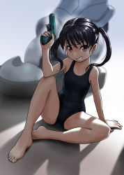 Rule 34 | 1girl, arm support, backlighting, barefoot, black hair, black one-piece swimsuit, black school swimsuit, brown eyes, collarbone, commentary request, flat chest, full body, grin, gun, handgun, highres, holding, holding gun, holding weapon, legs, looking at viewer, mecha, one-piece swimsuit, original, pistol, robot, rohitsuka, school swimsuit, shadow, sitting, smile, solo, swimsuit, teeth, toes, twintails, weapon