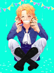 Rule 34 | 1boy, ^ ^, ascot, black footwear, blonde hair, boots, character doll, clenched teeth, closed eyes, collar, crossed legs, doll, full body, green background, hellolarc, highres, holding, holding doll, long sleeves, male focus, monkey d. luffy, one piece, pants, portgas d. ace, sabo (one piece), scar, short hair, simple background, sitting, smile, solo, teeth, white ascot, white pants
