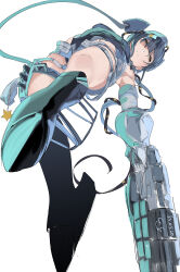 Rule 34 | 1girl, absurdres, aqua hat, arched back, black footwear, black one-piece swimsuit, black ribbon, commentary request, garrison cap, gegeron, gloves, grey eyes, grey hair, gun, hair ornament, hair ribbon, hat, highleg, highleg swimsuit, highres, kantai collection, long hair, looking to the side, one-piece swimsuit, ribbon, rudder footwear, scamp (kancolle), short shorts, shorts, side ponytail, simple background, solo, star (symbol), star hair ornament, swimsuit, weapon, white background, white gloves, white shorts