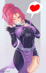 Rule 34 | 1girl, absurdres, antenna hair, anti-mage, asymmetrical legwear, bare shoulders, belt, breasts, dota (series), dota 2, elbow gloves, facepaint, gloves, grin, heart, highres, leg tattoo, looking at viewer, mask, mouth mask, ok sign, one eye closed, ponytail, purple eyes, purple gloves, purple hair, smile, solo, speech bubble, tattoo, teeth, uneven legwear, washout008, wei (dota 2)
