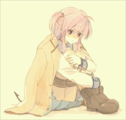 Rule 34 | 10s, ahoge, angel beats!, ankle lace-up, bad id, bad pixiv id, boots, borrowed clothes, cross-laced footwear, demon tail, frown, full body, hugging own legs, jacket, lowres, miniskirt, pink hair, ribbon, school uniform, serafuku, simple background, sitting, skirt, solo, tail, thigh strap, two side up, yaruse, yellow background, yui (angel beats!)